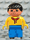 Lot ID: 405505230  Minifig No: 4943pb004  Name: Duplo Figure, Child Type 1 Boy, Blue Legs, Yellow Top with Buttons and Red Collar, Black Hair, Grin