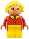 Minifig No: 4943pb011  Name: Duplo Figure, Child Type 1 Girl, Yellow Legs, Red Top with Collar and 3 Buttons, Yellow Hair, White in Eyes