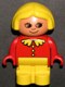 Minifig No: 4943pb011a  Name: Duplo Figure, Child Type 1 Girl, Yellow Legs, Red Top with Collar and 3 Buttons, Yellow Hair