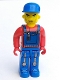 Minifig No: 4j006  Name: Tractor Driver With Blue Overalls, Red Shirt, Plain Blue Cap, Beard Stubble