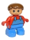 Minifig No: 6453pb005  Name: Duplo Figure, Child Type 2 Boy, Blue Legs, Red Top with Blue Overalls, Brown Hair