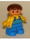 Minifig No: 6453pb006  Name: Duplo Figure, Child Type 2 Boy, Blue Legs, Yellow Top with Blue Overalls, Brown Hair