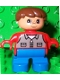 Minifig No: 6453pb012  Name: Duplo Figure, Child Type 2 Boy, Blue Legs, Red Top with Dark Gray Shirt, Brown Hair