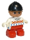 Lot ID: 400973259  Minifig No: 6453pb014  Name: Duplo Figure, Child Type 2 Girl, Red Legs, White Top with Red, Yellow and Blue Designs, Black Riding Hat