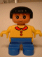 Minifig No: 6453pb016  Name: Duplo Figure, Child Type 2 Girl, Blue Legs, Yellow Top with Collar and 2 Buttons, Black Hair