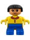 Minifig No: 6453pb016  Name: Duplo Figure, Child Type 2 Girl, Blue Legs, Yellow Top with Collar and 2 Buttons, Black Hair