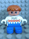 Minifig No: 6453pb018  Name: Duplo Figure, Child Type 2 Boy, Blue Legs, White Sweater with Chain Pattern, Dark Orange Hair