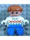 Minifig No: 6453pb018  Name: Duplo Figure, Child Type 2 Boy, Blue Legs, White Sweater with Chain Pattern, Dark Orange Hair