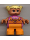 Minifig No: 6453pb020  Name: Duplo Figure, Child Type 2 Girl, Orange Legs, Dark Pink Top with Orange Overalls with Flower, Yellow Hair Pigtails