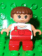 Minifig No: 6453pb021  Name: Duplo Figure, Child Type 2 Girl, Red Legs, White Top with Red Overalls with one Strap