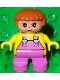 Minifig No: 6453pb022  Name: Duplo Figure, Child Type 2 Girl, Dark Pink Legs, Yellow Top with Dark Pink Overalls and Hearts on Straps