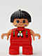Minifig No: 6453pb031  Name: Duplo Figure, Child Type 2 Girl, Red Legs, Red Top with Feather Necklace, Black Hair with Feather (American Indian)