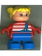 Minifig No: 6453pb033  Name: Duplo Figure, Child Type 2 Girl, Blue Legs, Red Top with White Stripes, Yellow Hair Pigtails