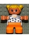 Minifig No: 6453pb034  Name: Duplo Figure, Child Type 2 Girl, Orange Legs, White Blouse with Blue Flowers, Yellow Hair Pigtails