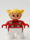 Minifig No: 6453pb038  Name: Duplo Figure, Child Type 2 Girl, White Legs, Red Top with Flowers Pattern, Collar And 2 Buttons, Yellow Hair Pigtails