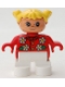 Minifig No: 6453pb038  Name: Duplo Figure, Child Type 2 Girl, White Legs, Red Top with Flowers Pattern, Collar And 2 Buttons, Yellow Hair Pigtails