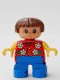 Lot ID: 405505262  Minifig No: 6453pb039  Name: Duplo Figure, Child Type 2 Girl, Blue Legs, Red Torso With Flowers Pattern, Collar And 2 Buttons, Yellow Arms, Brown Hair