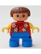 Minifig No: 6453pb039  Name: Duplo Figure, Child Type 2 Girl, Blue Legs, Red Torso With Flowers Pattern, Collar And 2 Buttons, Yellow Arms, Brown Hair