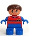 Minifig No: 6453pb040  Name: Duplo Figure, Child Type 2 Boy, Blue Legs, Red Top with Yellow and Blue Stripes and Yellow Car Logo, Blue Arms, Brown Hair