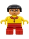 Minifig No: 6453pb042  Name: Duplo Figure - Female, Child Girl, Red Legs, Yellow Top with Collar and Buttons Pattern, Black Hair, Nougat Head (75501)
