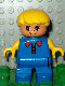 Minifig No: 6453pb043  Name: Duplo Figure, Child Type 2 Boy, Blue Legs, Blue Top, Yellow Arms, Yellow Hair