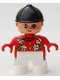 Minifig No: 6453pb046  Name: Duplo Figure, Child Type 2 Girl, White Legs, Red Top with White Flowers, Black Riding Hat