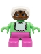 Minifig No: 6453pb050  Name: Duplo Figure - Female, Child Baby, Dark Pink Legs, Medium Green Top with Bib Pattern, White Bonnet, Brown Head (75508)