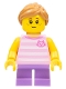 Minifig No: LLP010  Name: Child - Girl, Bright Pink Striped Shirt with Cat Head, Medium Lavender Short Legs, Medium Nougat Ponytail, Freckles