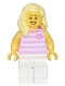 Minifig No: adp018  Name: Skyline Express Woman - Bright Pink Striped Top with Cat Head, White Legs, Bright Light Yellow Hair
