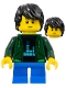 Minifig No: adp034  Name: Boy, Dark Green Hoodie with Bright Green Drawstrings, Blue Short Legs, Black Tousled Hair