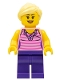 Minifig No: adp037  Name: Female, Dark Pink Striped Top, Dark Purple Legs, Bright Light Yellow Ponytail
