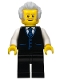 Minifig No: adp040  Name: Receptionist, Male, Black Vest with Blue Striped Tie, Black Legs, Light Bluish Gray Hair