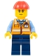 Minifig No: adp060  Name: Construction Worker - Male, Orange Safety Vest with Reflective Stripes, Dark Blue Legs, Red Construction Helmet, Smirk