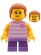 Minifig No: adp081  Name: Child - Girl, Bright Pink Striped Shirt with Cat Head, Medium Lavender Short Legs, Dark Orange Swept Back Hair with Ponytail