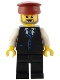 Minifig No: adp090  Name: Station Master - Black Vest with Blue Striped Tie, Black Legs, Dark Red Hat, Beard