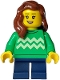 Minifig No: adp110  Name: Child - Girl, Bright Green Sweater with Bright Light Yellow Zigzag Lines, Dark Blue Short Legs, Reddish Brown Hair over Shoulder