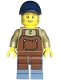 Minifig No: adp114  Name: Snack Shack Vendor - Male, Dark Tan Top with Reddish Brown Apron, Sand Blue Legs, Dark Blue Cap