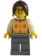 Minifig No: adp129  Name: Ticket Vendor - Female, Tan Knit Argyle Sweater Vest, Dark Bluish Gray Legs, Dark Brown Hair Ponytail Long with Side Bangs, Glasses