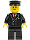 Minifig No: air022  Name: Airport - Pilot with Red Tie and 6 Buttons, Black Legs, Black Hat, Brown Eyebrows, Thin Grin