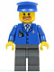 Minifig No: air038  Name: Airport - Blue 3 Button Jacket & Tie, Blue Hat, Dark Bluish Gray Legs