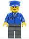 Minifig No: air039  Name: Airport - Blue 3 Button Jacket & Tie, Blue Hat, Dark Bluish Gray Legs, Vertical Cheek Lines