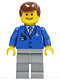 Minifig No: air045  Name: Airport - Blue 3 Button Jacket & Tie, Light Bluish Gray Legs, Reddish Brown Male Hair, Thin Grin with Teeth