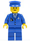 Minifig No: air046  Name: Airport - Blue 3 Button Jacket and Tie, Blue Hat, Blue Legs (Undetermined Eyebrows)