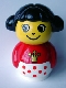 Lot ID: 366933274  Minifig No: baby004  Name: Primo Figure Girl with White Base with Red Dots, Red Top with Crown Pattern, Black Hair