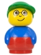 Lot ID: 74591298  Minifig No: baby008  Name: Primo Figure Boy With Red Base, Blue Top, Green Hat, Glasses