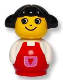 Lot ID: 368674560  Minifig No: baby022  Name: Primo Figure Girl with Red Base, White Top with Red Overalls with Red Heart in Purple Pocket, Black Hair