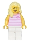 Minifig No: bdp018  Name: Skyline Express Rider - Female, Bright Pink Striped Shirt with Cat Head, White Legs, Bright Light Yellow Hair