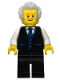 Minifig No: bdp040  Name: Receptionist, Male, Black Vest with Blue Striped Tie, Black Legs, Light Bluish Gray Hair