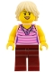 Minifig No: bdp071 Name: Woman - Dark Pink Striped Top, Dark Red Legs, Tan Tousled Hair Minifig No: bdp071 Name: Woman - Dark Pink Striped Top, Dark Red Legs, Tan Tousled Hair