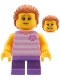 Minifig No: bdp081  Name: Child - Girl, Bright Pink Striped Shirt with Cat Head, Medium Lavender Short Legs, Dark Orange Swept Back Hair with Ponytail